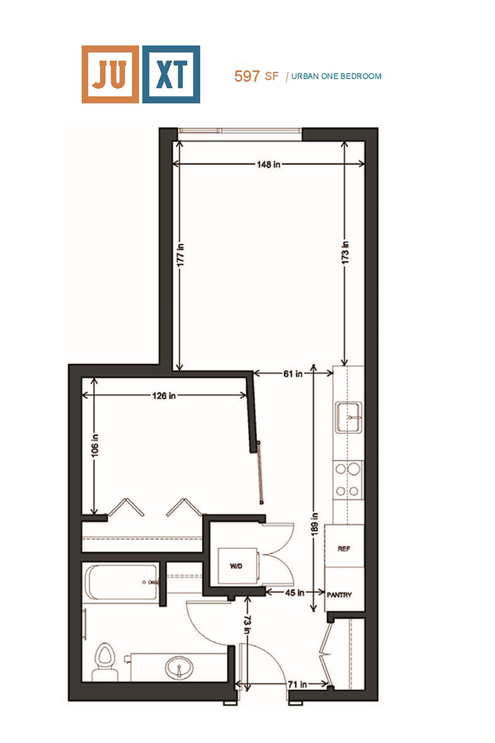 Floor plan for 1 bed, 1 bath, 674 sqft